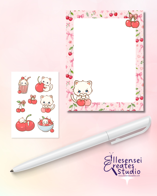 Kawaii Kitty Cherry Notepad and Stickers
