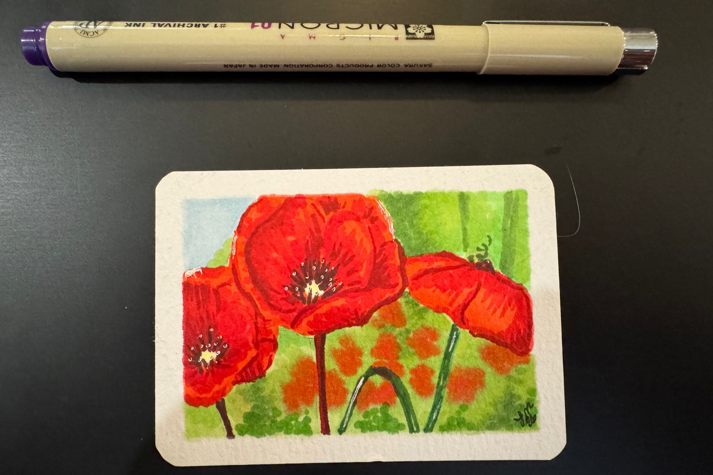 ACEO Red Poppies Original Alcohol Markers on Cardstock, 2.5 X 3.5 in by Ellesensei