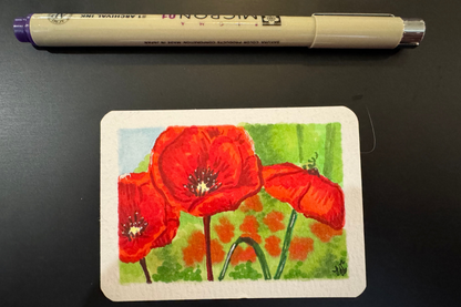 ACEO Coquelicots Rouges Marqueurs à Alcool sur Carton, 2,5 X 3,5 po par Ellesensei