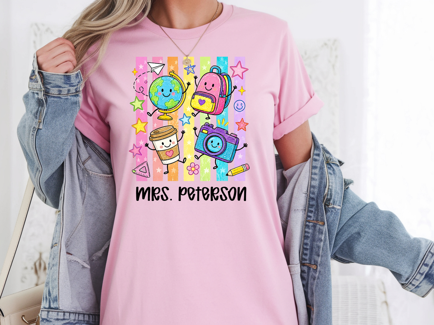 Teacher Preppy Stripe Presonalized Short Sleve T-shirt