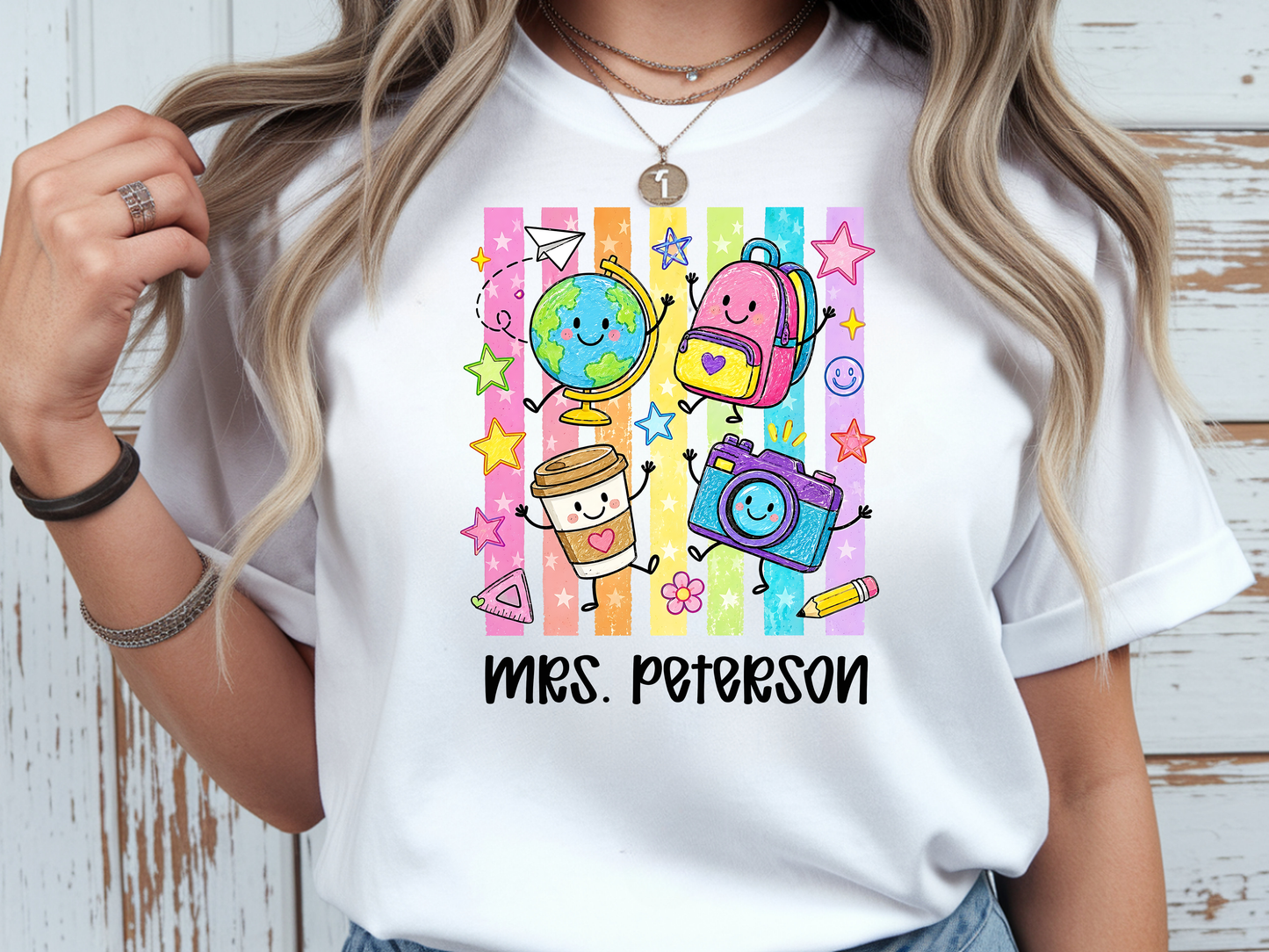 Teacher Preppy Stripe Presonalized Short Sleve T-shirt