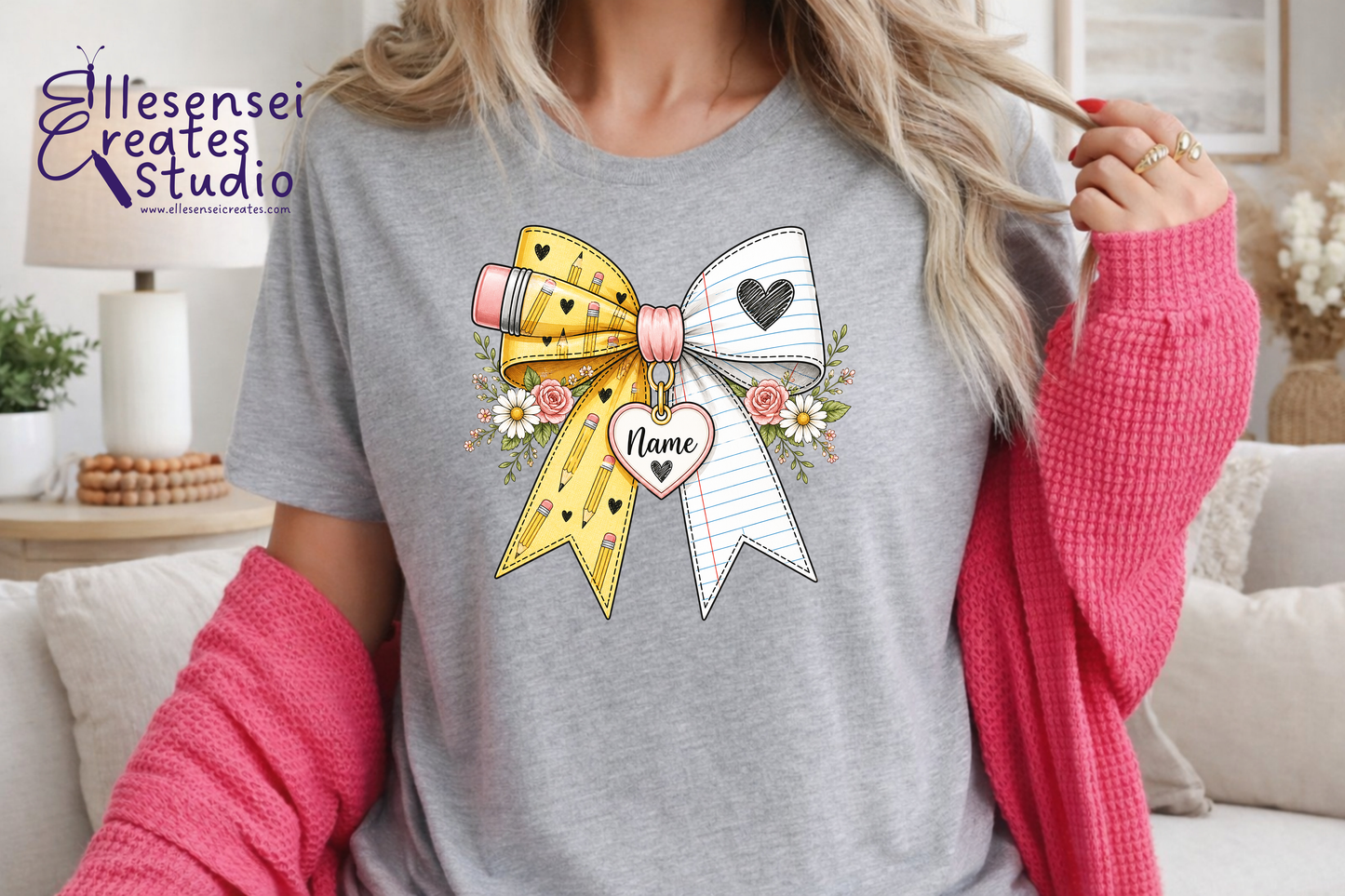 Teacher Pencil Bow Personalized Short Sleeve T-shirt