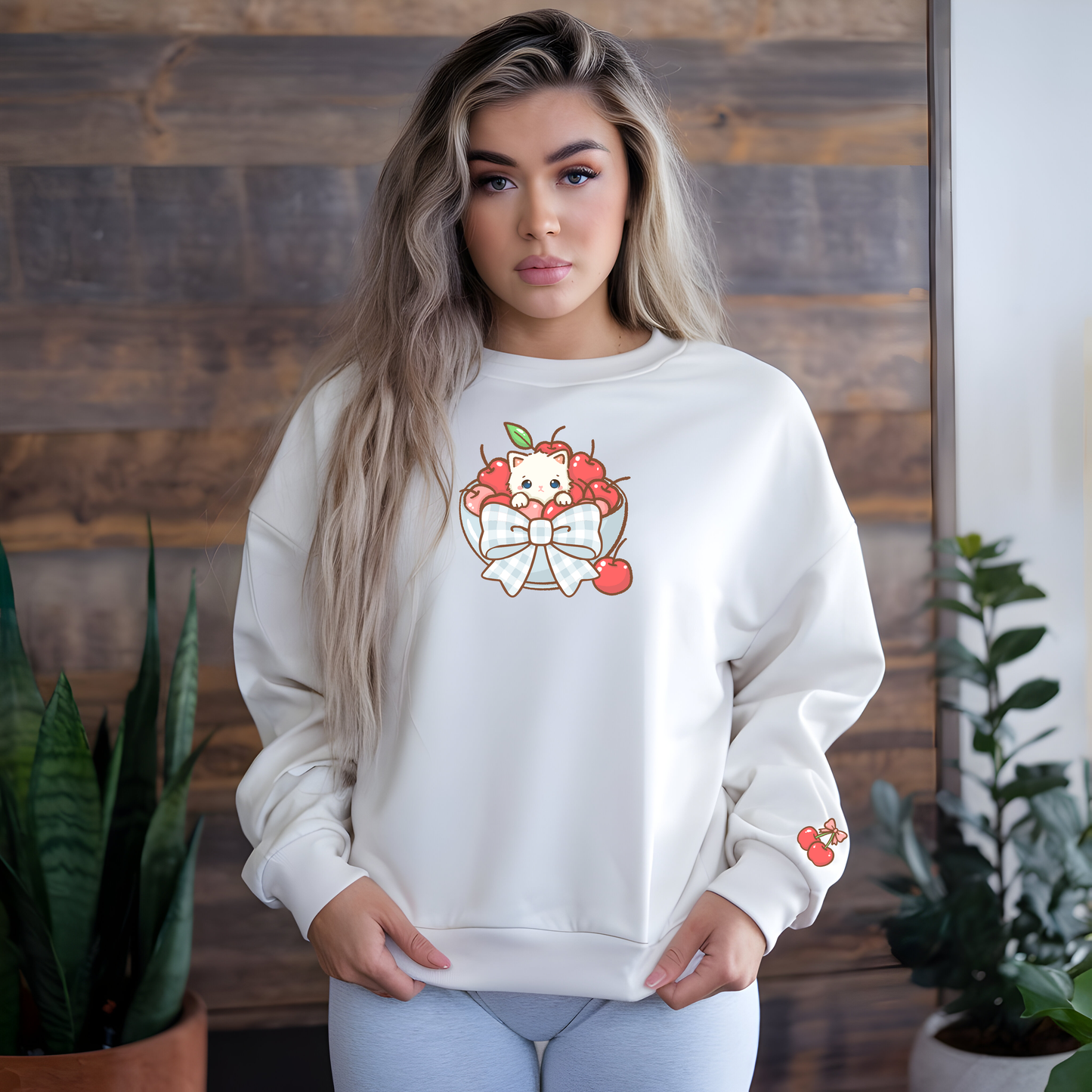 Kawaii Kitty Cherry Crewneck Sweatshirt